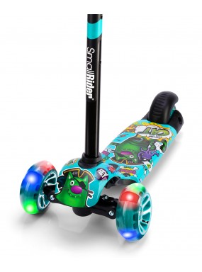 Детский трехколесный самокат со светящими колесами Small Rider Turbo 2 Cartoons (аква, зеленый кот)